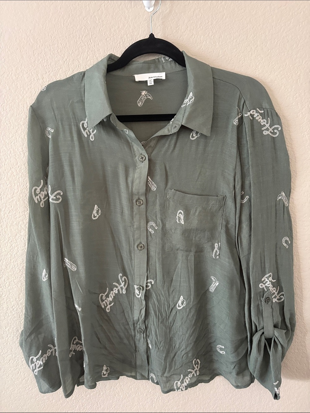 june & hudson Olive Green Button-Down Shirt with White Script